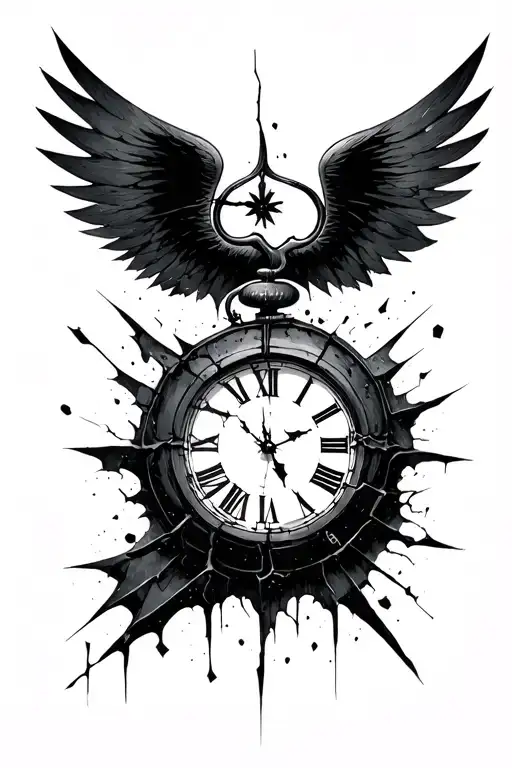 Black ink tattoo, dark symbolic. Broken family, lone teenager, chaotic past, regret shown by broken clock tattoo design idea
