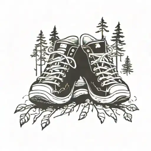 A minimalist tattoo of a pair of walking shoes surrounded by forest elements and music symbols tattoo design idea