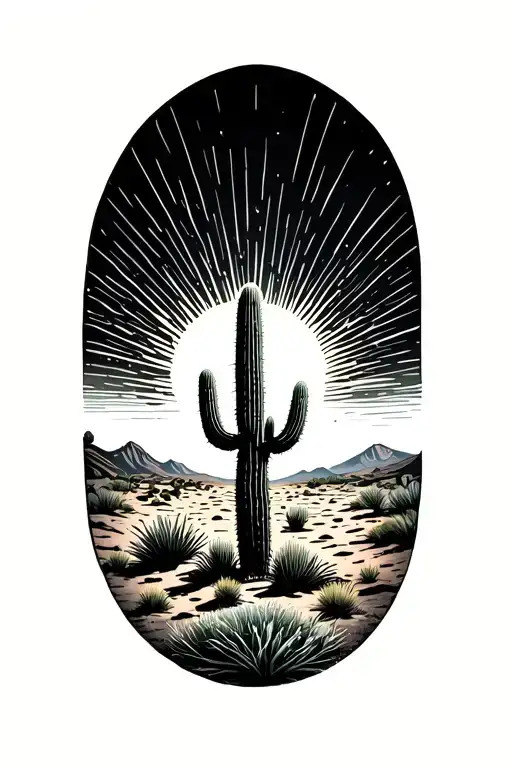 Sun rays horizon behind a desert landscape with one cactus tattoo design idea