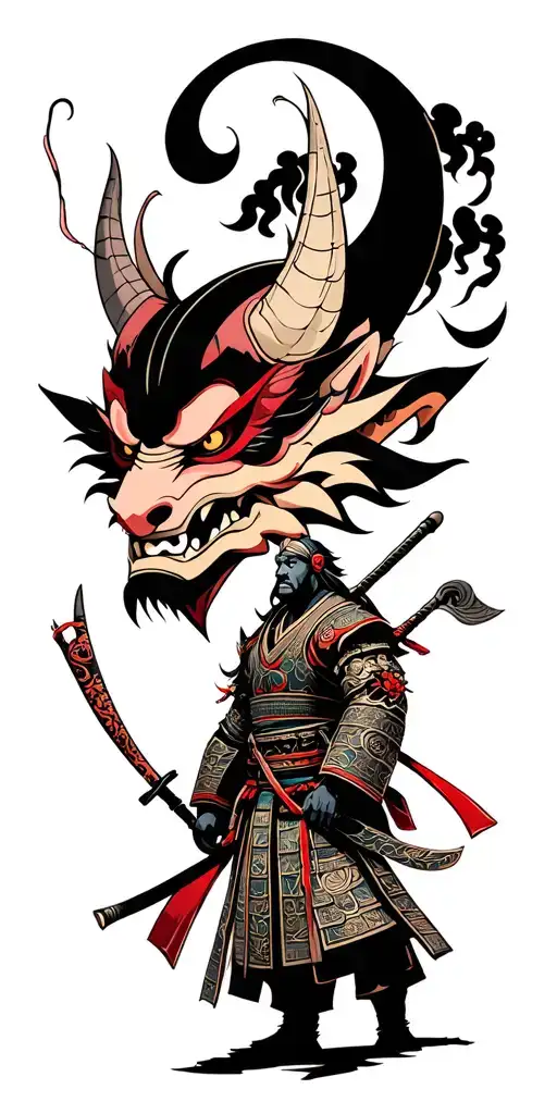 japanese style oni demon mask and samurai warrior surrounded tattoo design idea
