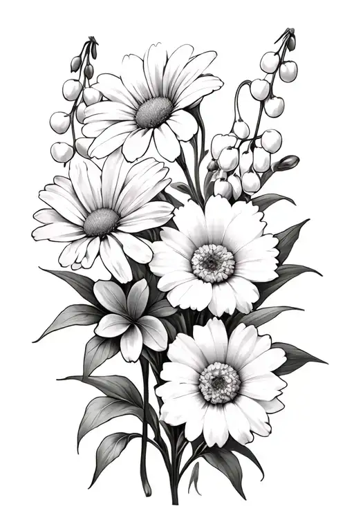 one daisy, one larkspur, one lily of the valley, one carnation, one narcissus, and one marigold tattoo design idea