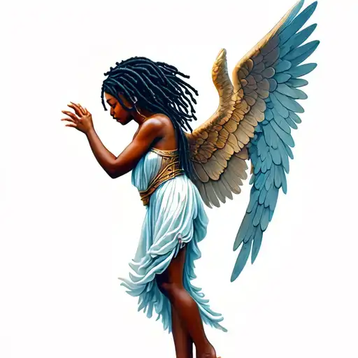 African American  angel with dreads standing on tip toes whispering in ear tattoo design idea
