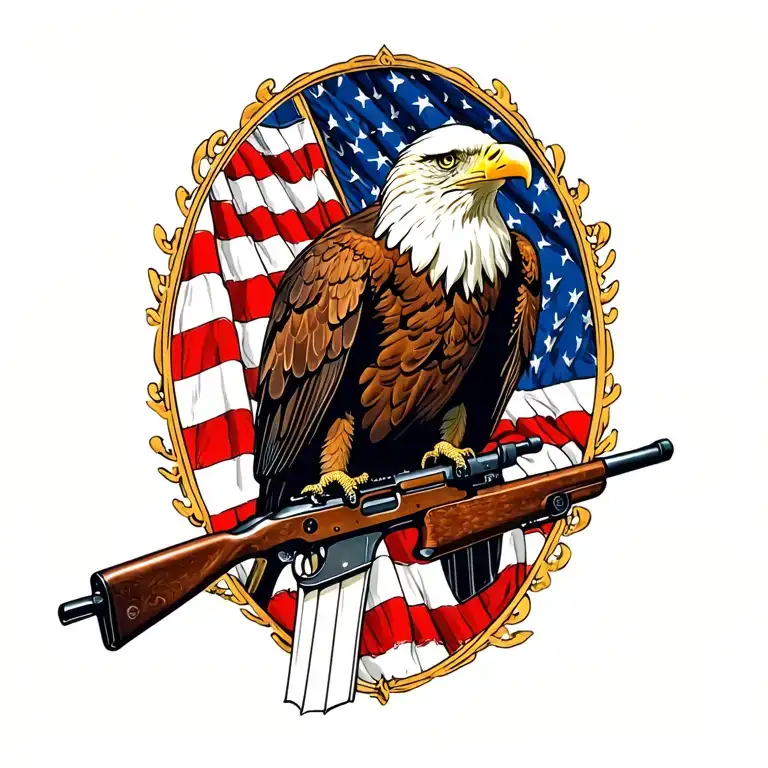 A patriotic bald eagle perched on a rifle with an American flag in the background tattoo design idea