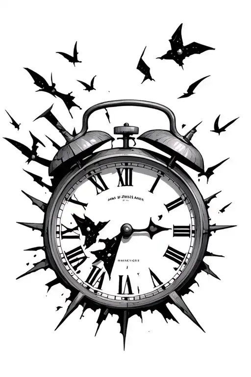 broken clock with numbers flying away tattoo design idea