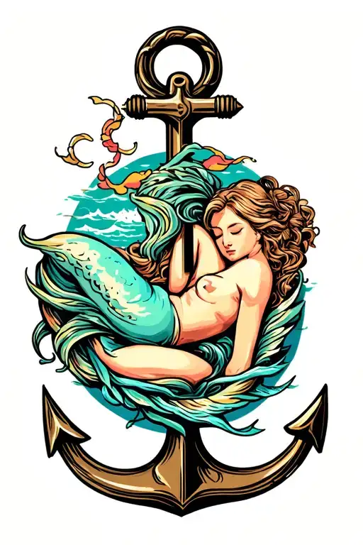 full color, siren sleeping on anchor tattoo design idea