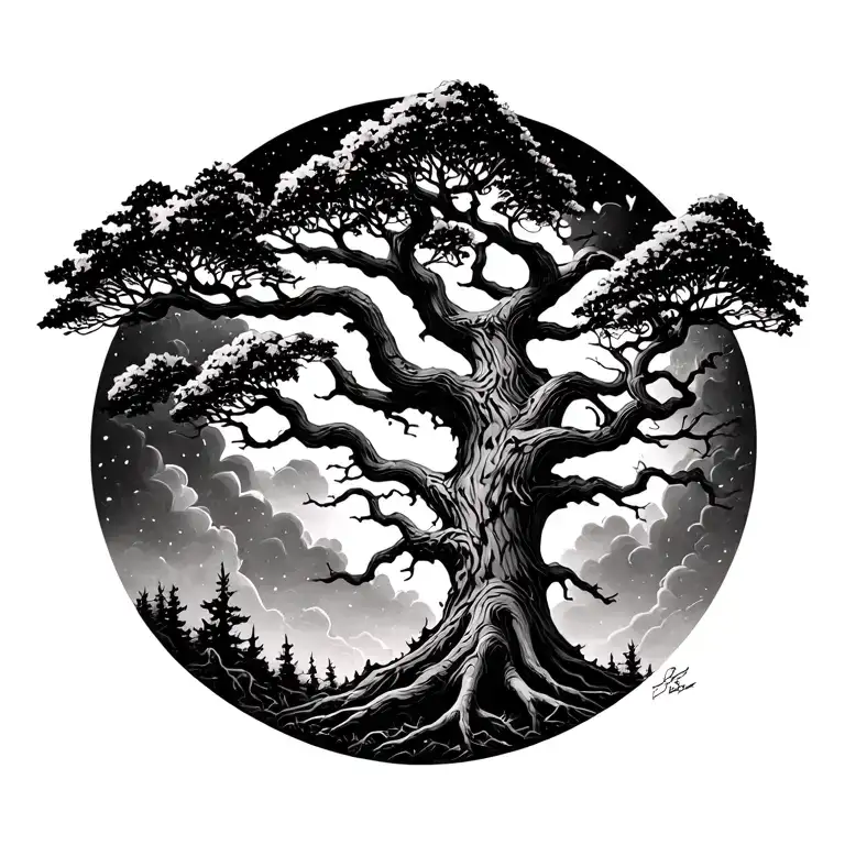 trees looking throug space with visible tattoo design idea