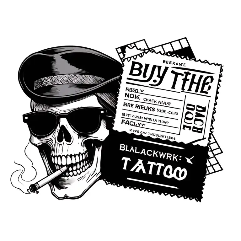 black and white tattoo design, skull with sunglasses and hat smoking a cigarette, combined with ticket saying 'Buy the t tattoo design idea