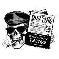 black and white tattoo design, skull with sunglasses and hat smoking a cigarette, combined with ticket saying 'Buy the t tattoo design idea