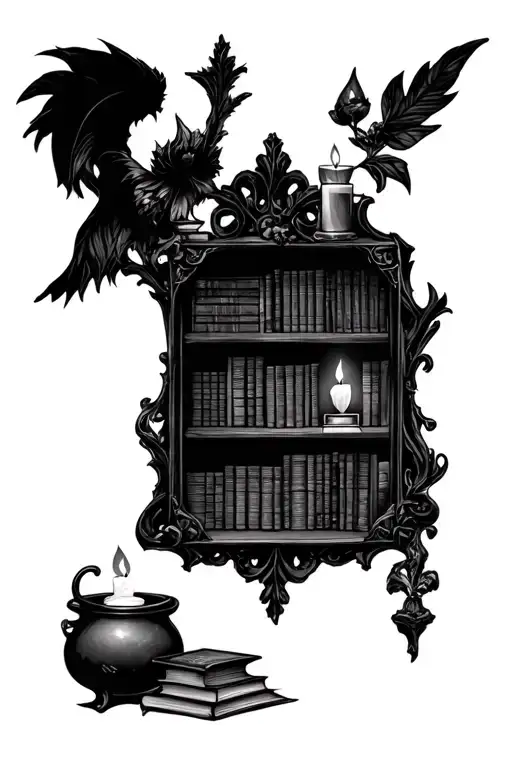 Dark academia style wall bookshelf filagree frame. filled with old worn books, cauldron, crystal ball, candles lit tattoo design idea