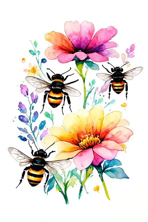 Flowers, bees tattoo design idea