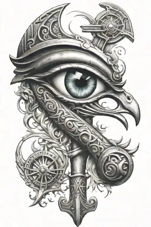 eye of Horus sword surrounded with Hephaestus working forge tattoo design idea