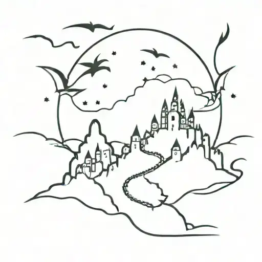 Night sky, mountain in the distance with treasure spilling out of it, the silhouette of a castle below around a dragon tattoo design idea