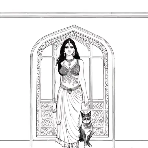 A South Asian woman standing (hips up) gracefully inside an ornate mahal window, accompanied by her cat.  tattoo design idea
