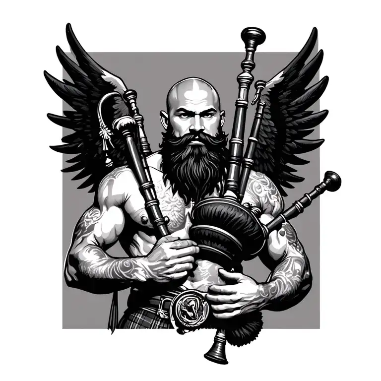 scottish bagpiper bald black beard  muscular wearing pipes in arm big black wings shirtless tattoo happy tattoo design idea