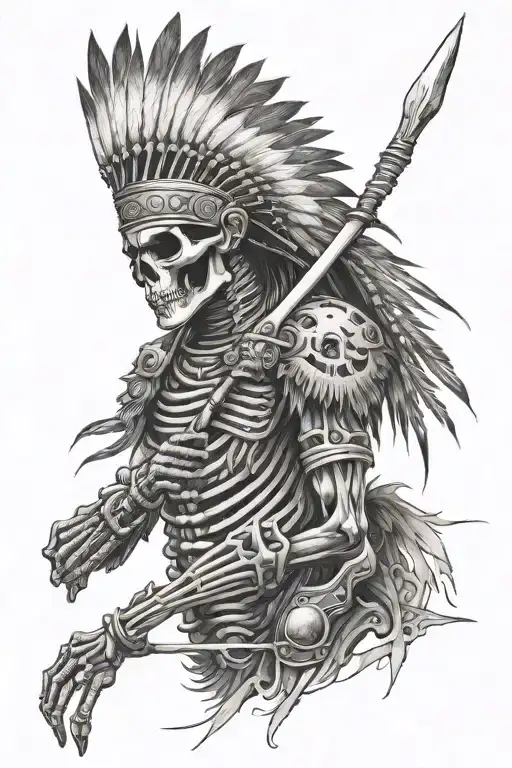 indian skeleton warrior with skin falling off profile tattoo design idea