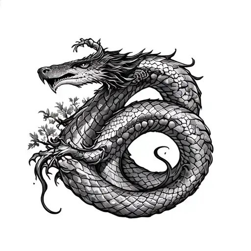 the ancient serpent Jormungandr entwining himself around the kremmi of the world tree Yggdrasil with tattoo design idea