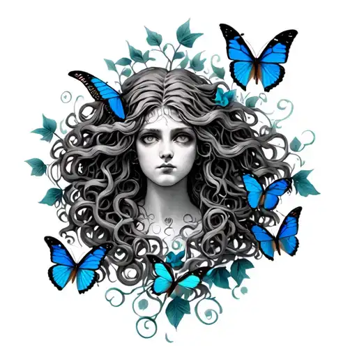 medusa greek mythology, ivy growing, blue butterflies tattoo design idea