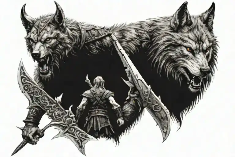 face to face a viking with a sword facing a giant wolf tattoo design idea