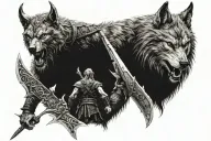 face to face a viking with a sword facing a giant wolf tattoo design idea