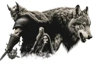face to face a viking with a sword facing a giant wolf tattoo design idea
