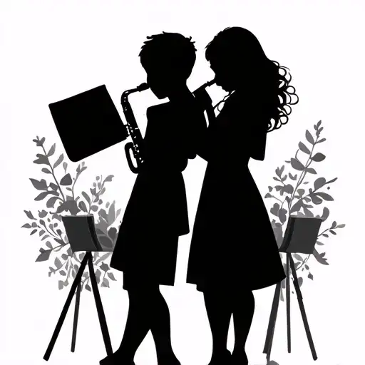 boy and girl playing clarinet silhouette tattoo design idea