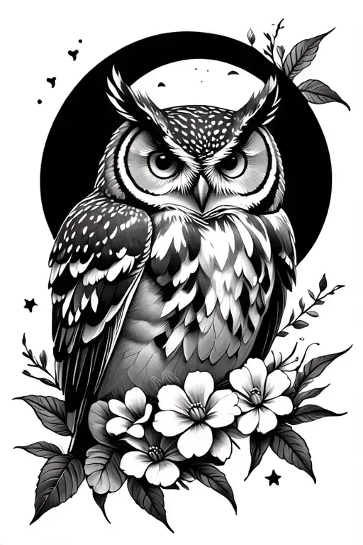 Owl and night blooming flowers tattoo design idea