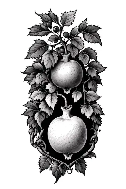 Black and grey vineyard tattoo, olive pomegranate lemon trees, grapevine tendrils, subtle pawprint, fine-line tattoo design idea