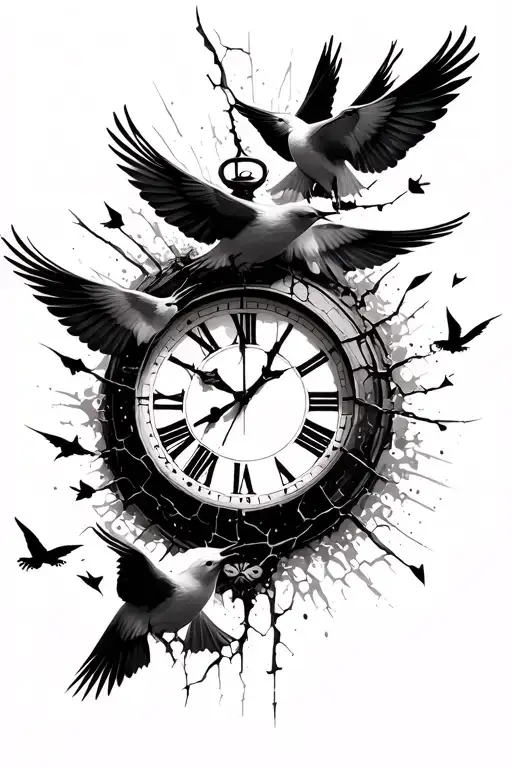 shattered clock birds flying towards tattoo design idea