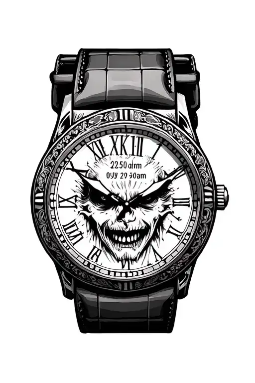 Demonic watch showing 09:50am date of 22 and KJ in face surrounded tattoo design idea