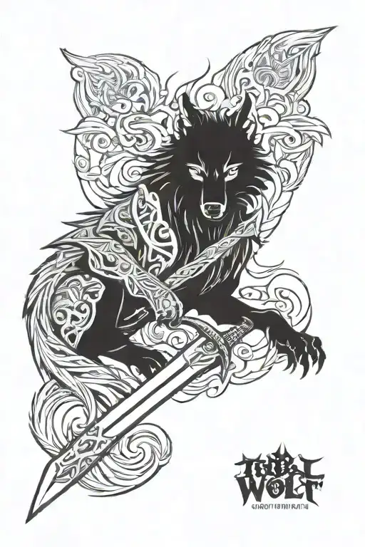 Tribal wolf, sword, demon tattoo design idea