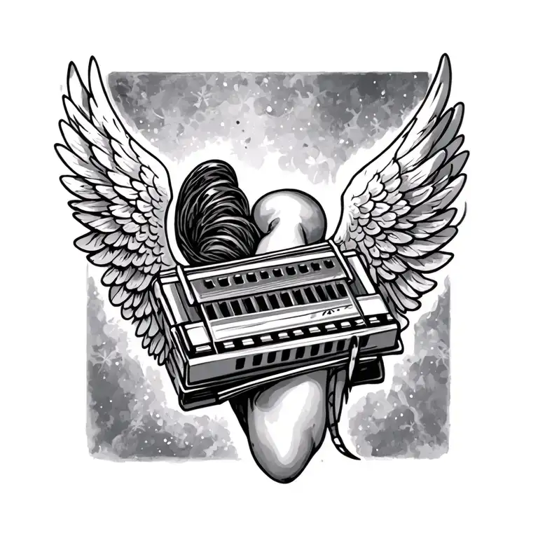 wrist tat with harmonica wrapped in Angel wingsnoangel just wings tattoo design idea