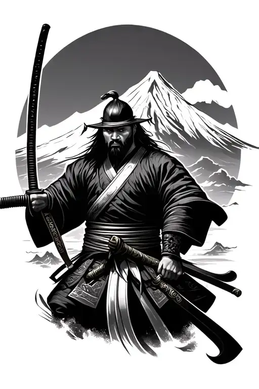 Japanese Ronin wielding a katana with Mount Fuji in the background tattoo design idea