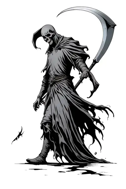 Death with a scythe walking tattoo design idea