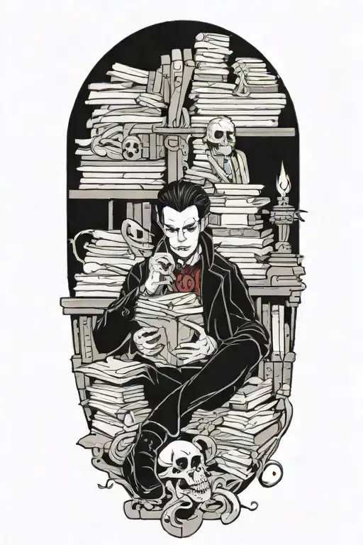 A vampire sitting amongst a pile of corpses and books. Occultism, tortured souls tattoo design idea