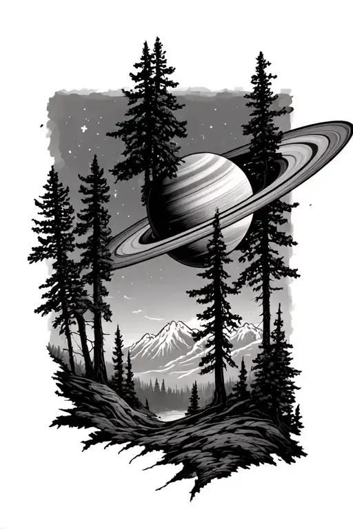 pnw forest with saturn in background tattoo design idea