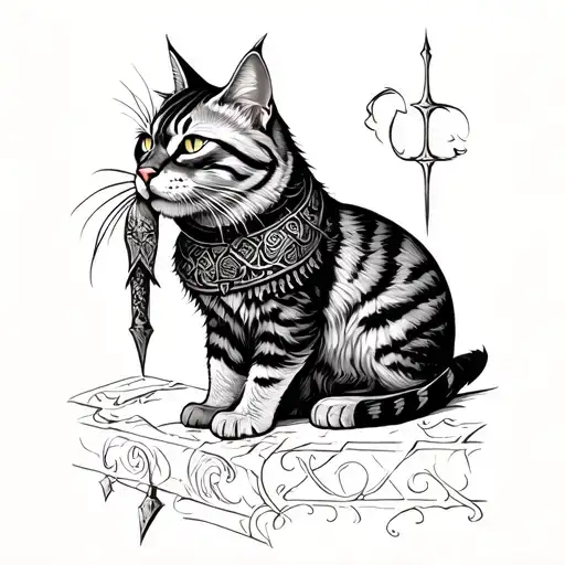 big feral cat with a knight in his mouth in a medieval setting tattoo design idea