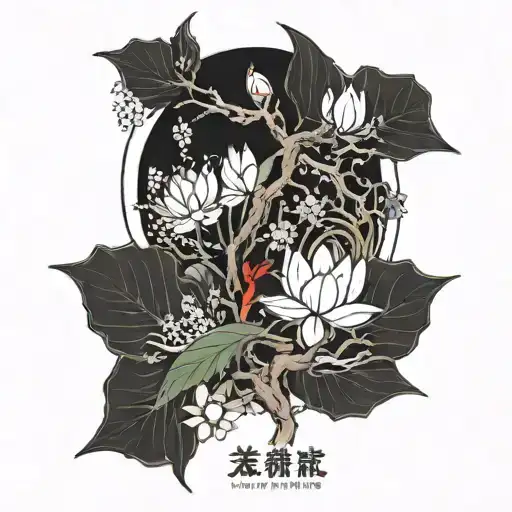 Japanese cherry blossom and lotus along with the elements (earth, water, fire, wind, void) and a samurai.  tattoo design idea