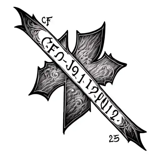 Long and skinny cross with CF-JPC written on one side and 02/11/25 written on the other side tattoo design idea