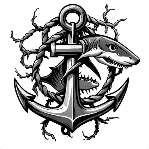 anchor with vines wrapped around and shark emerging tattoo design idea