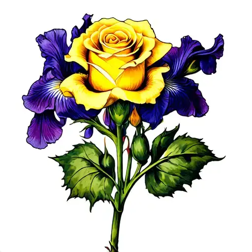 long-stemmed yellow rose with purple iris flower tattoo design idea