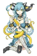 bondage catgirl blue hair holding a banana tattoo design idea