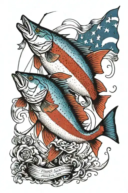 American flag background, incorporate smaller fish American red snapper, sea trout, red fish, center concel boat fishing tattoo design idea