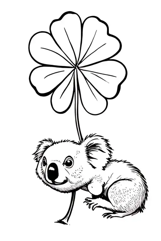 A five -leaf clover with a large stem, in which a small koala grabs the stem tenderly tattoo design idea