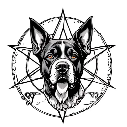 hell hound dog pentagram intertwined tattoo design idea