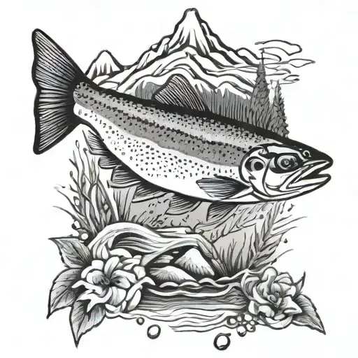 rainbow trout with river and mountains tattoo design idea