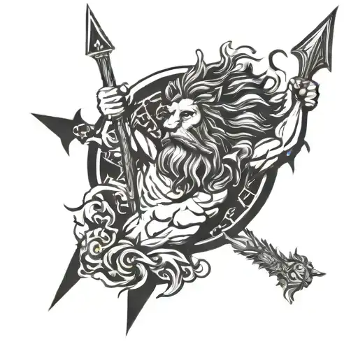 Poseidon holding a trident, compass rose, lion roaring tattoo design idea