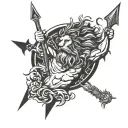 Poseidon holding a trident, compass rose, lion roaring tattoo design idea