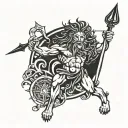 Poseidon holding a trident, compass rose, lion roaring tattoo design idea
