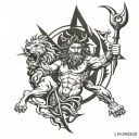 Poseidon holding a trident, compass rose, lion roaring tattoo design idea