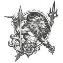 Poseidon holding a trident, compass rose, lion roaring tattoo design idea